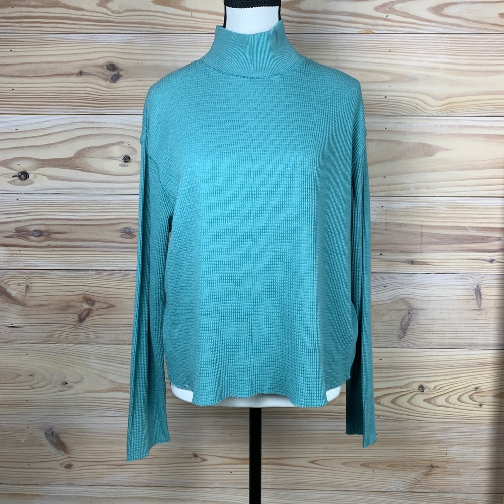 t.la Mock Neck Top Womens L Teal Waffle Knit Long Sleeve Anthropologie Shirt